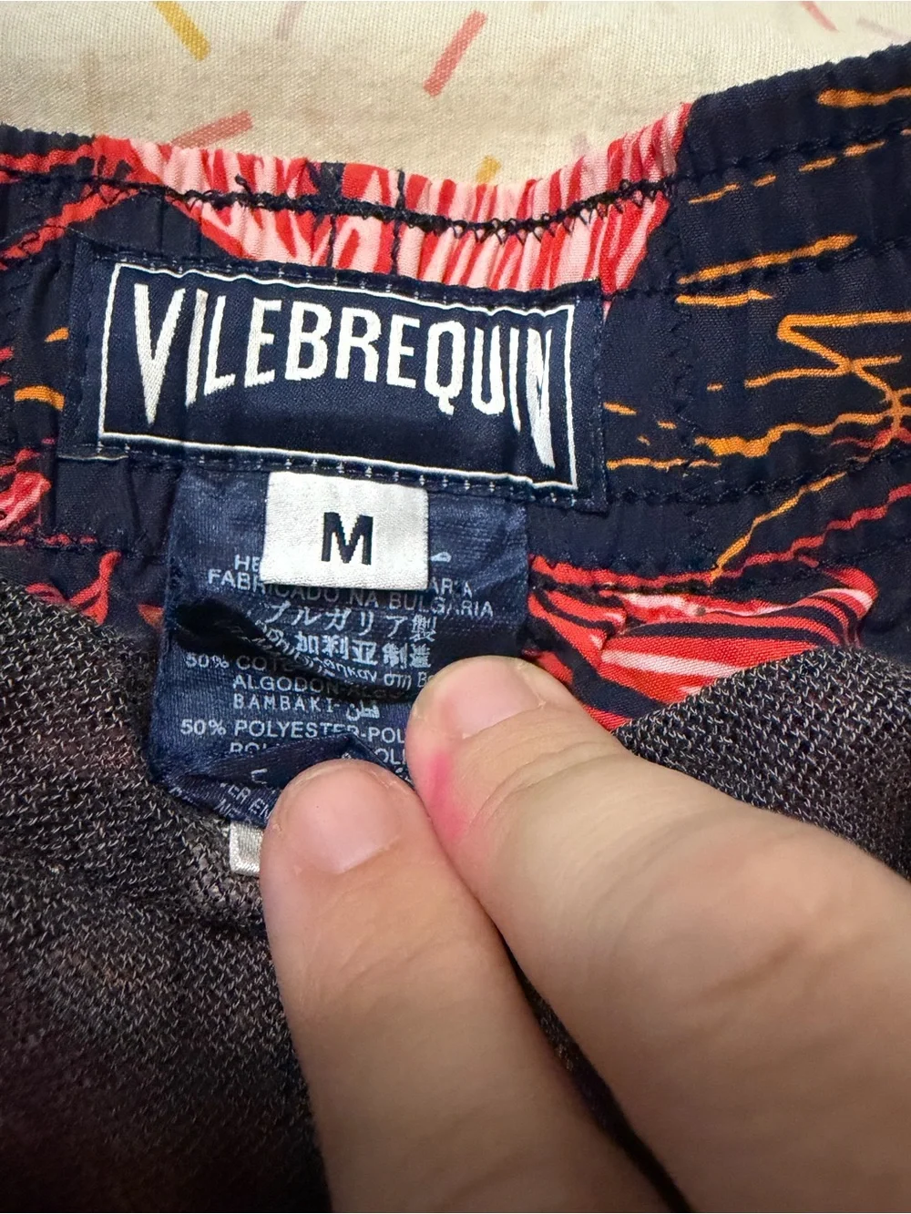 Vilebrequin Navy Swim Trunks with Pink and Orange Pattern